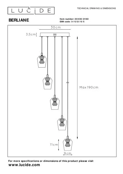 Lucide BERLIANE - Suspension - Ø 34 cm - LED Dim. - 5x4W 2700K - Avec module LED remplaçable - Transparent - technique